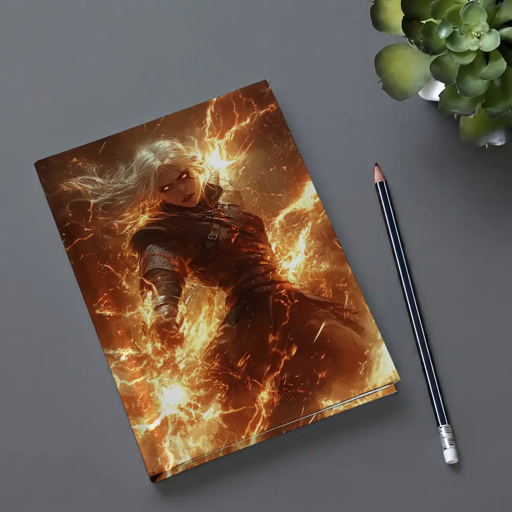 White Hair Warrior Woman Fire Lightning Fantasy – Notebooks
