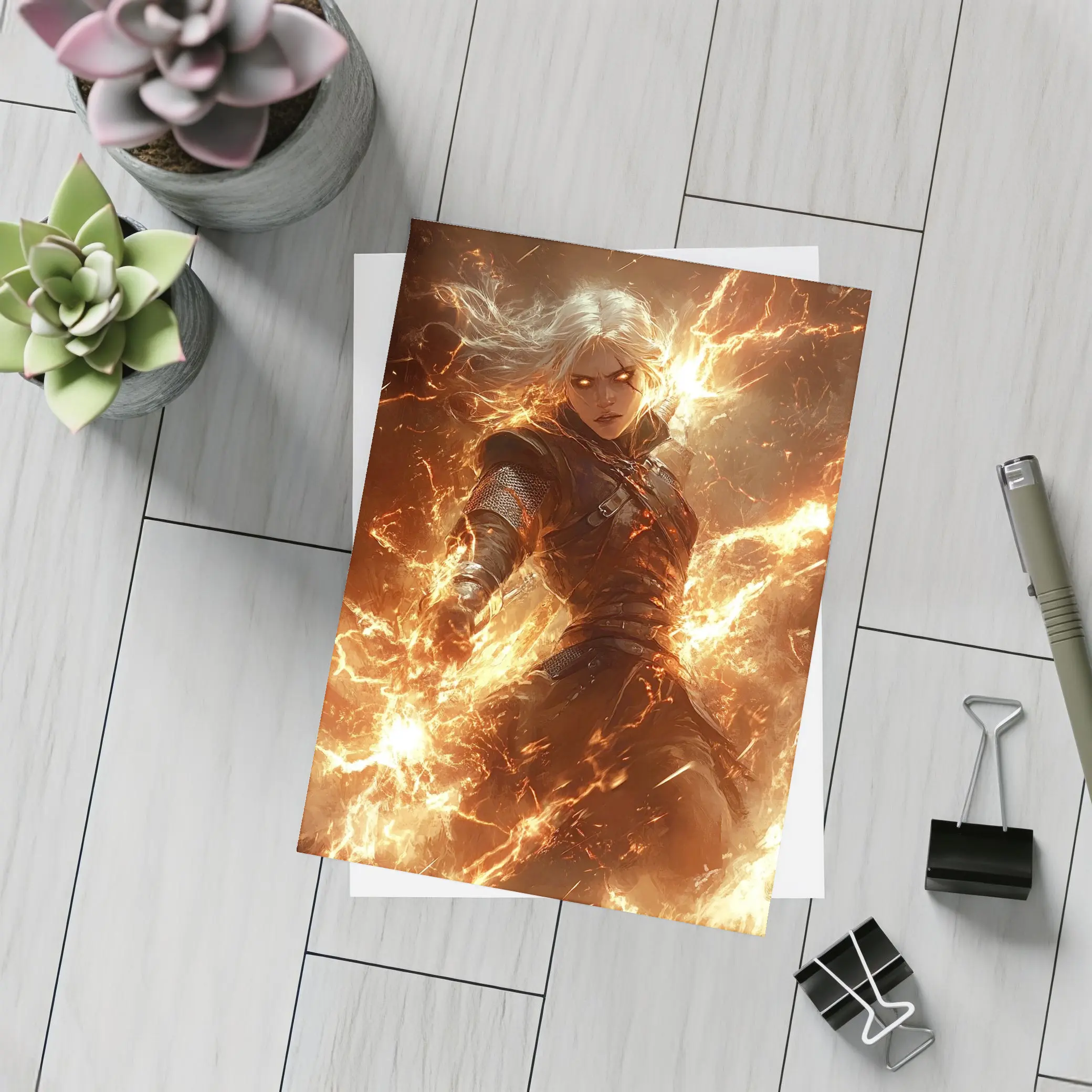 White Hair Warrior Woman Fire Lightning Fantasy – Postcards