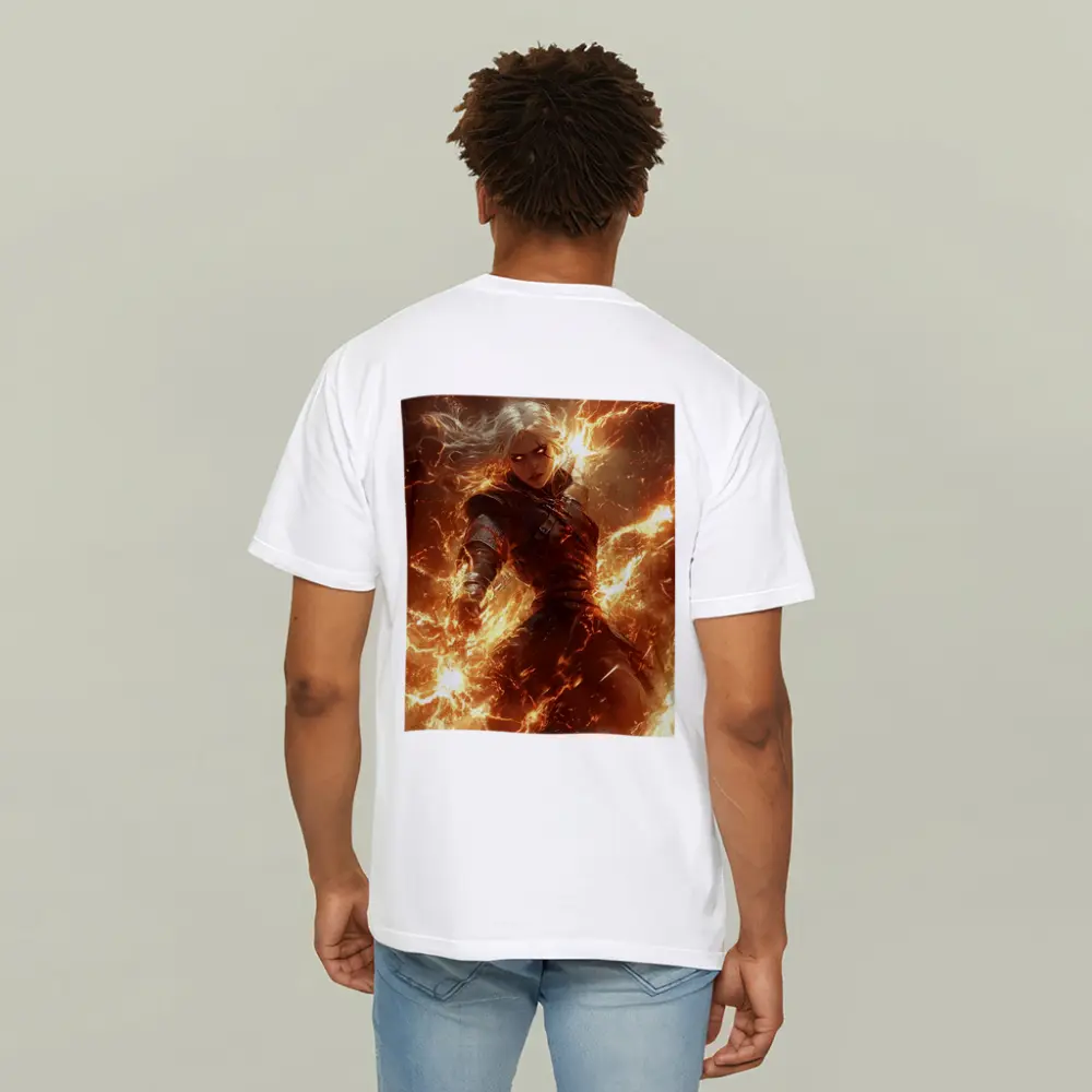 White Hair Warrior Woman Fire Lightning Fantasy – T-Shirts