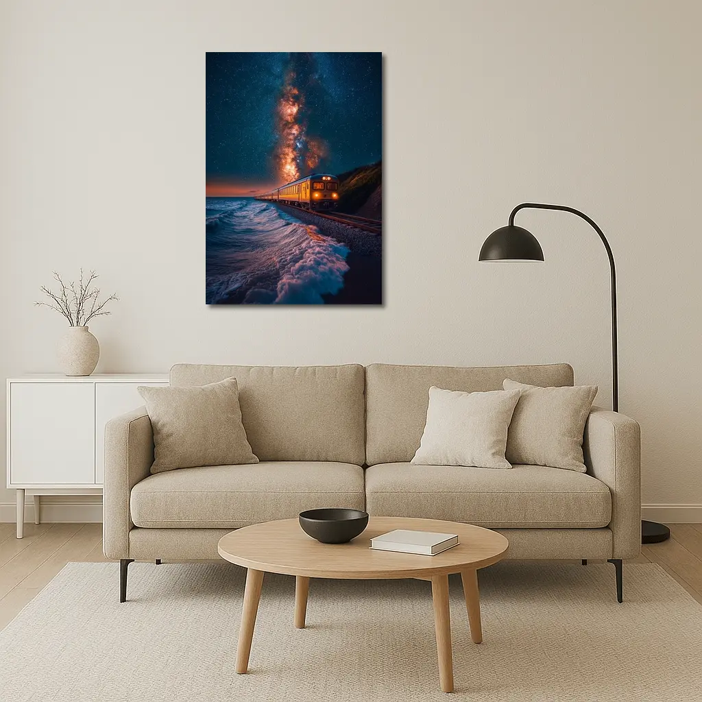 Train Riding Coastal Cliffs Under Milky Way – Wall Art
