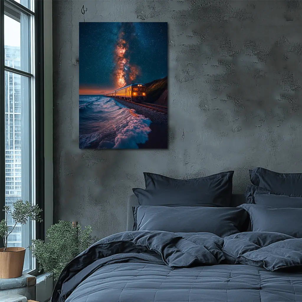 Train Riding Coastal Cliffs Under Milky Way – Wall Art