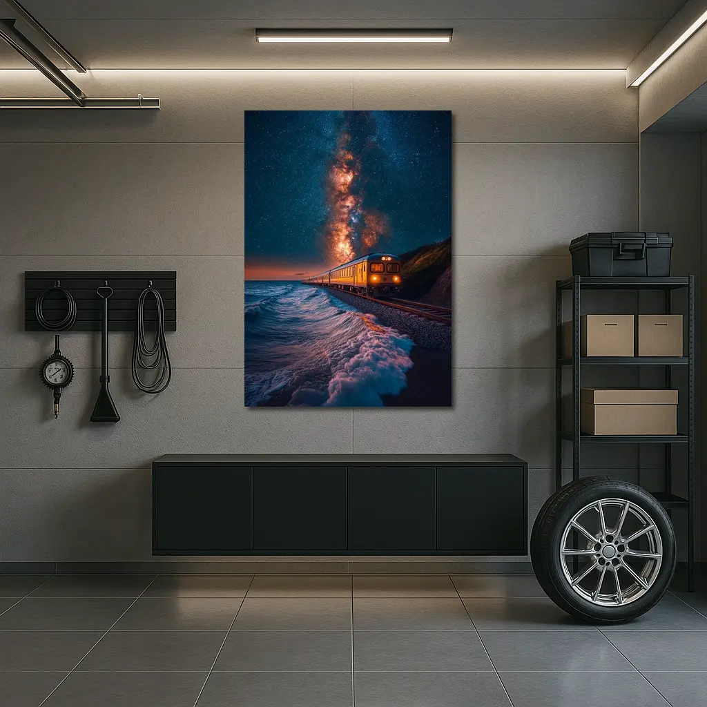 Train Riding Coastal Cliffs Under Milky Way – Wall Art