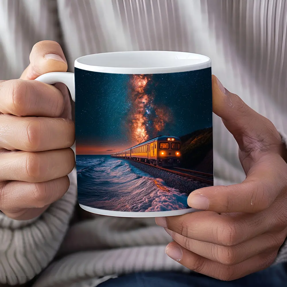 Train Riding Coastal Cliffs Under Milky Way – Mugs