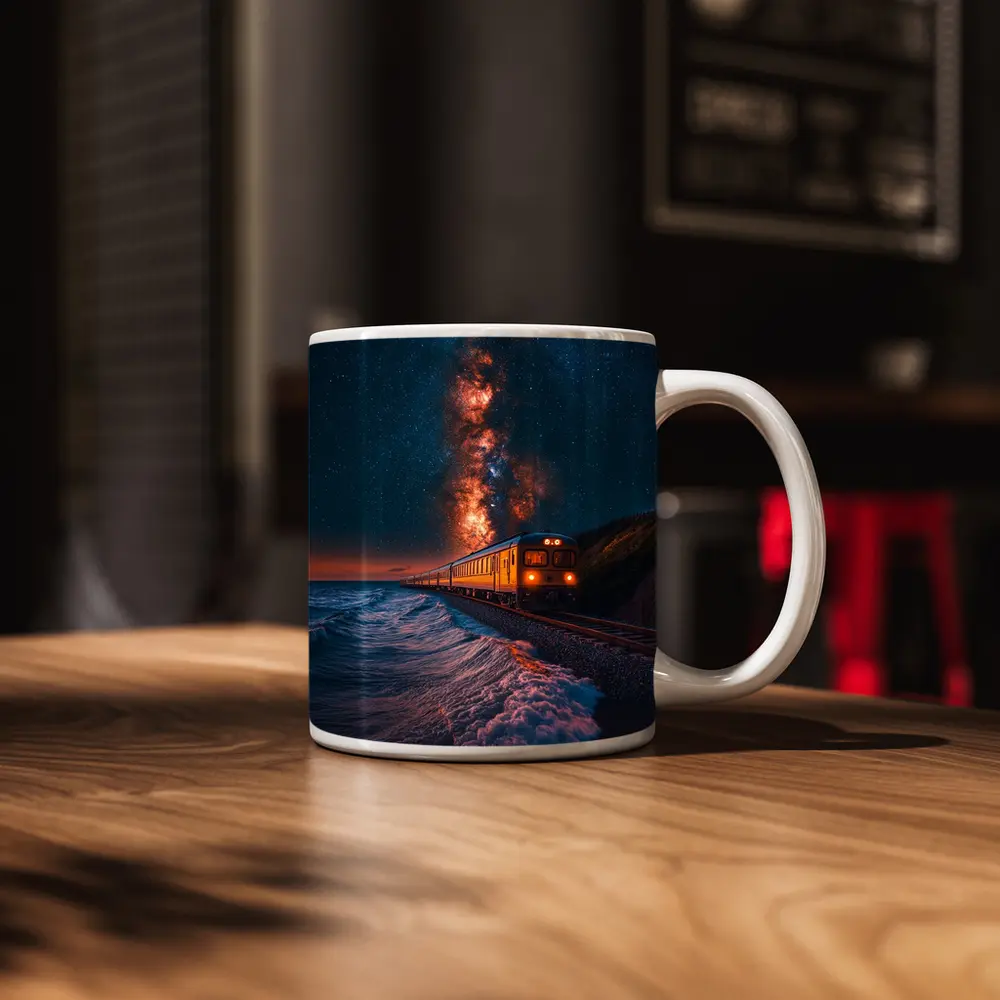 Train Riding Coastal Cliffs Under Milky Way – Mugs