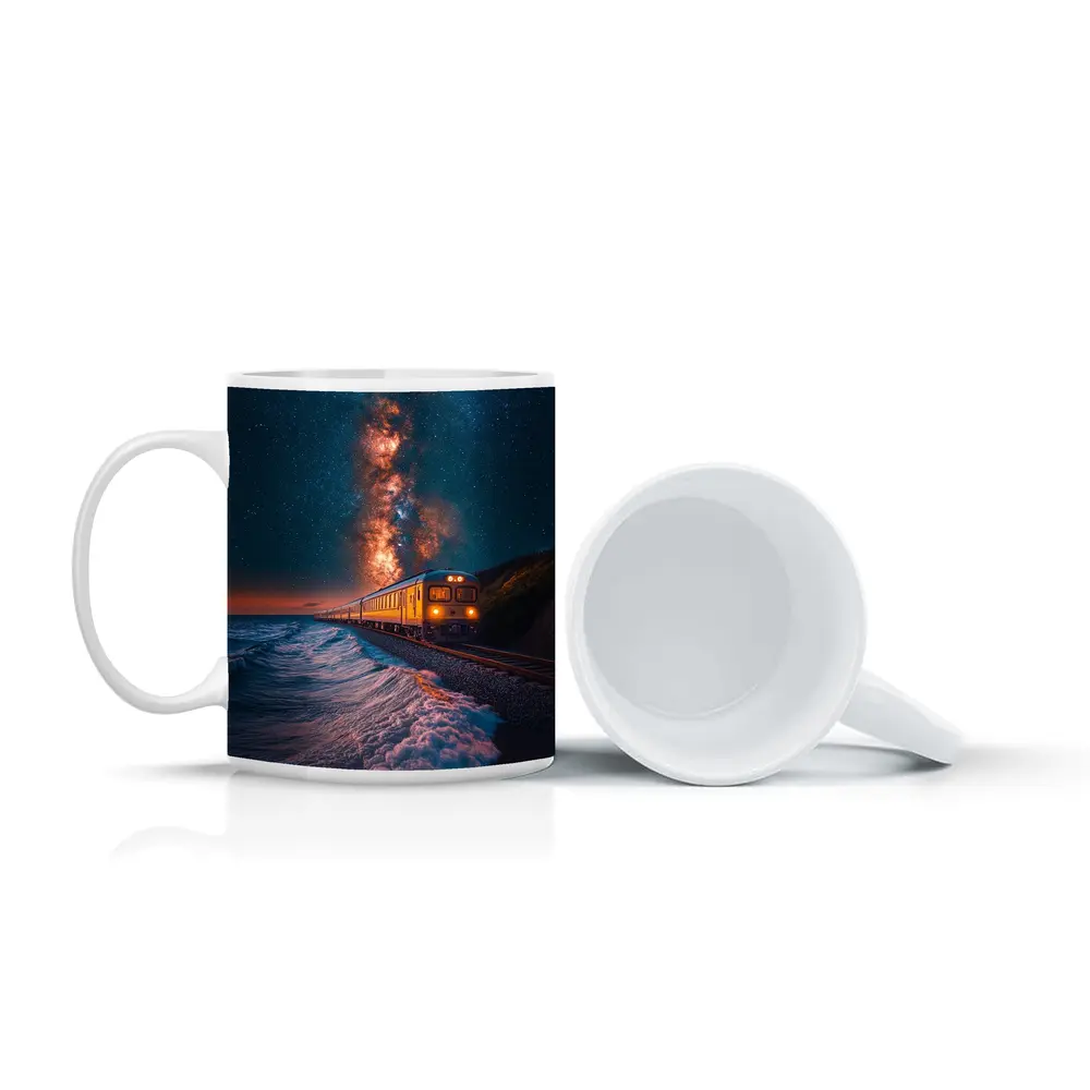 Train Riding Coastal Cliffs Under Milky Way – Mugs