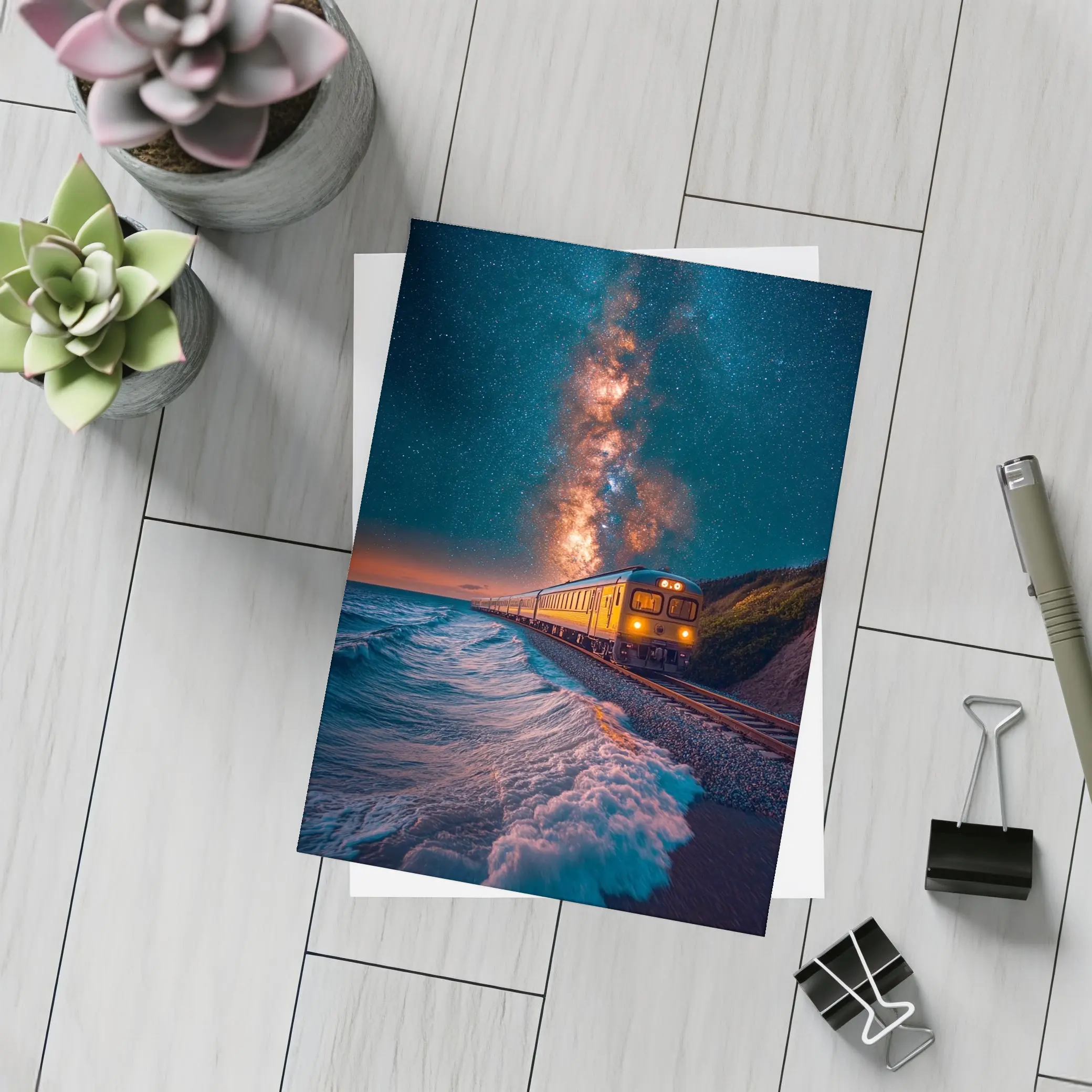 Train Riding Coastal Cliffs Under Milky Way – Postcards