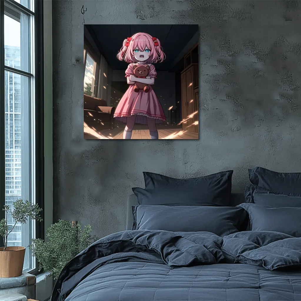 Angry Anime Girl Pink Dress Dark Room – Wall Art