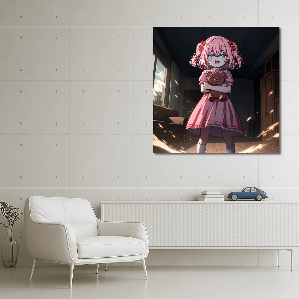 Angry Anime Girl Pink Dress Dark Room – Wall Art