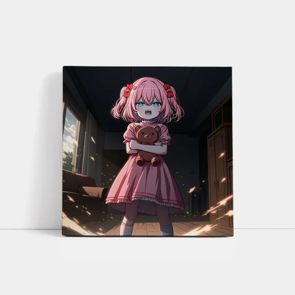 Angry Anime Girl Pink Dress Dark Room – Wall Art