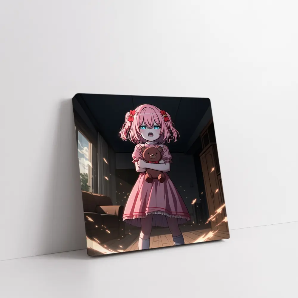 Angry Anime Girl Pink Dress Dark Room – Wall Art