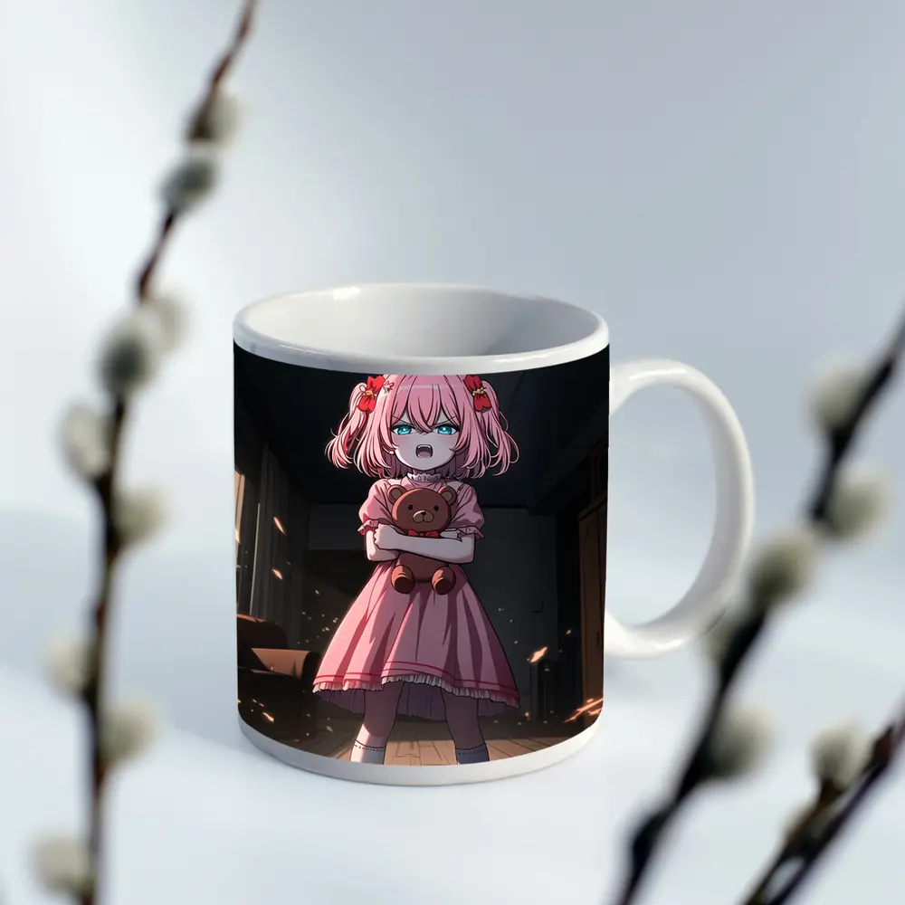 Angry Anime Girl Pink Dress Dark Room – Mugs