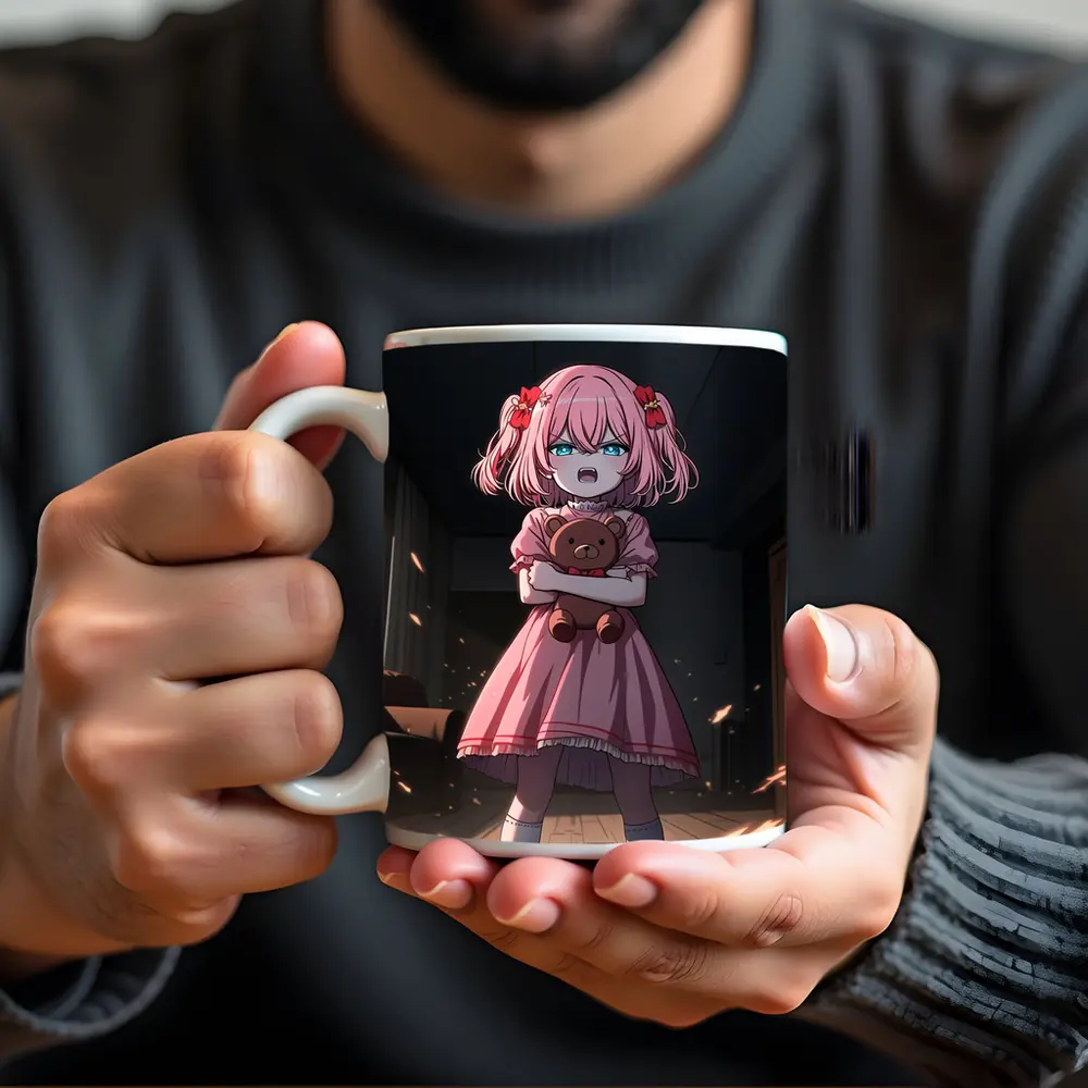 Angry Anime Girl Pink Dress Dark Room – Mugs