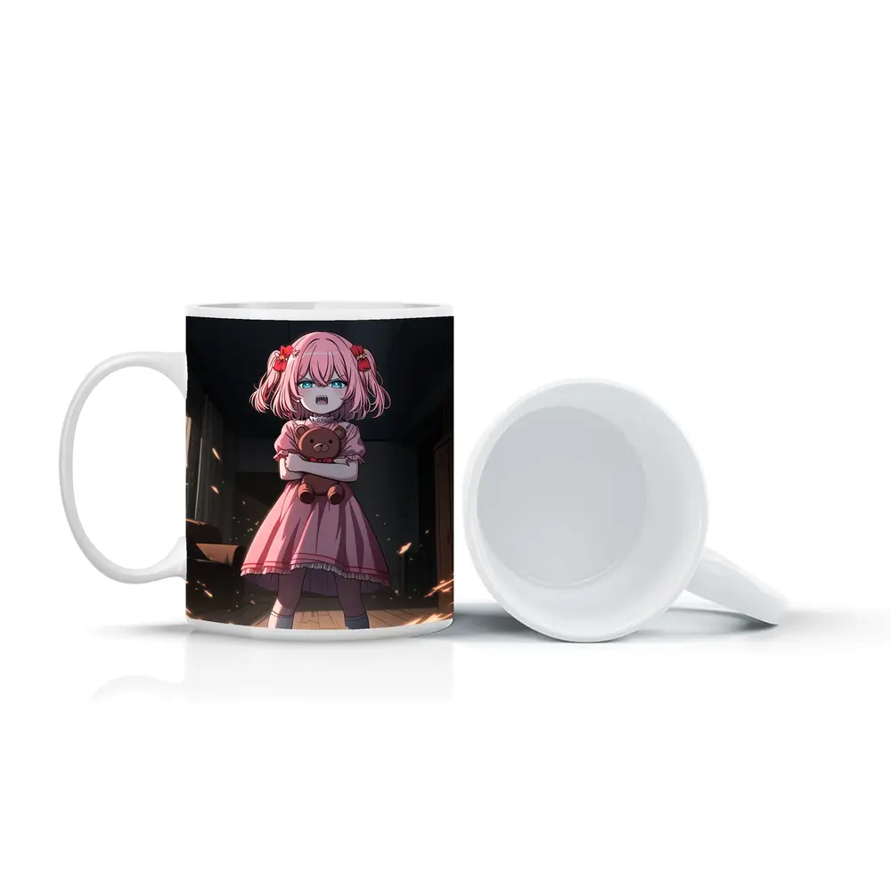 Angry Anime Girl Pink Dress Dark Room – Mugs