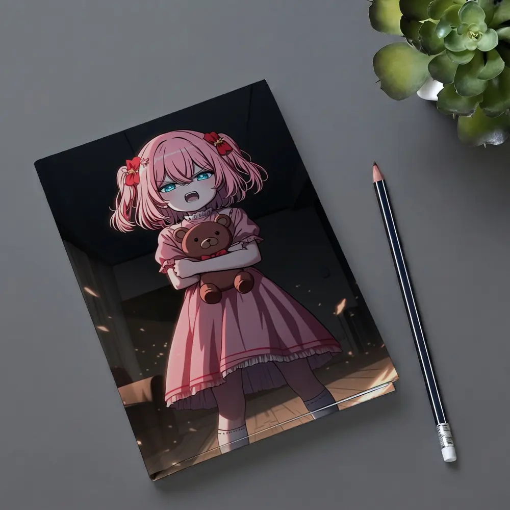 Angry Anime Girl Pink Dress Dark Room – Notebooks