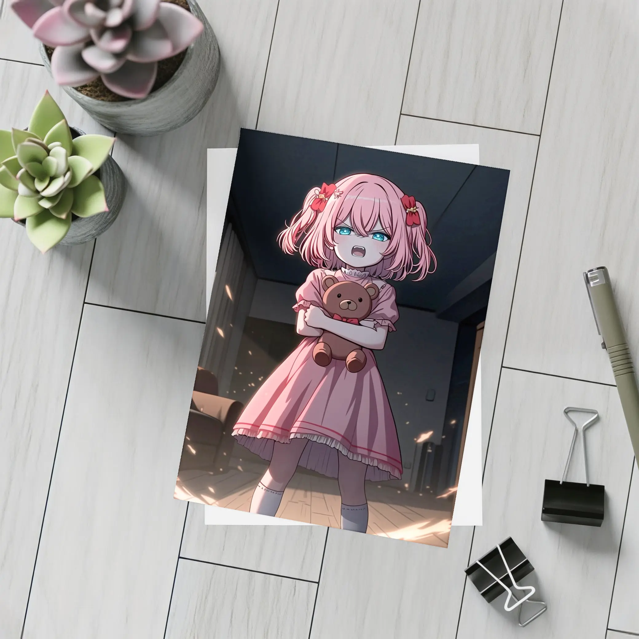 Angry Anime Girl Pink Dress Dark Room – Postcards