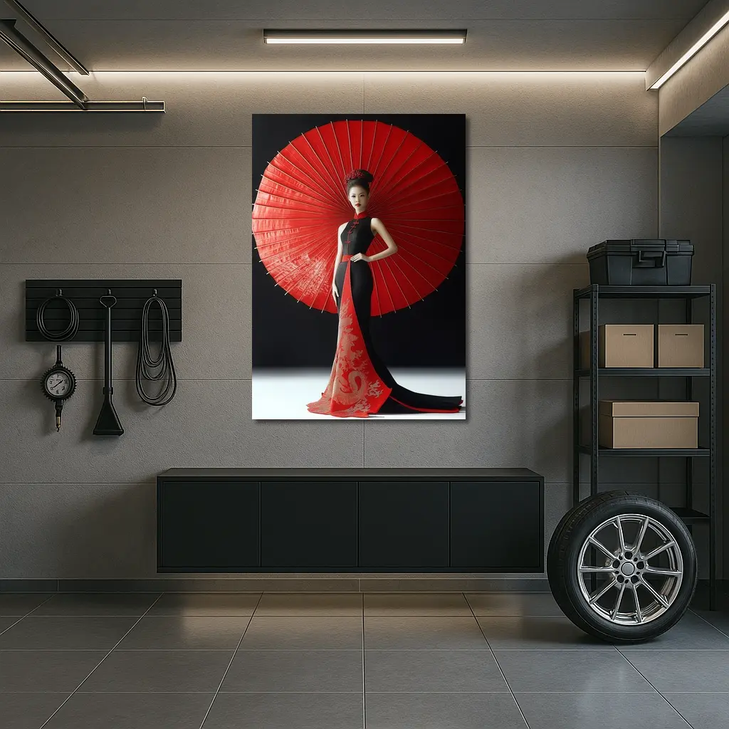Chinese Woman Red Umbrella Dragon Dress – Wall Art