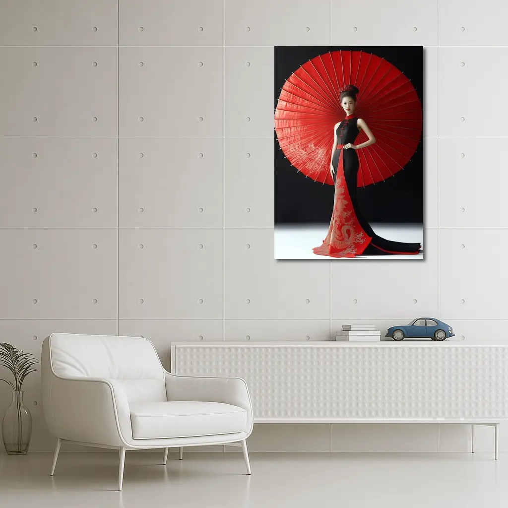 Chinese Woman Red Umbrella Dragon Dress – Wall Art