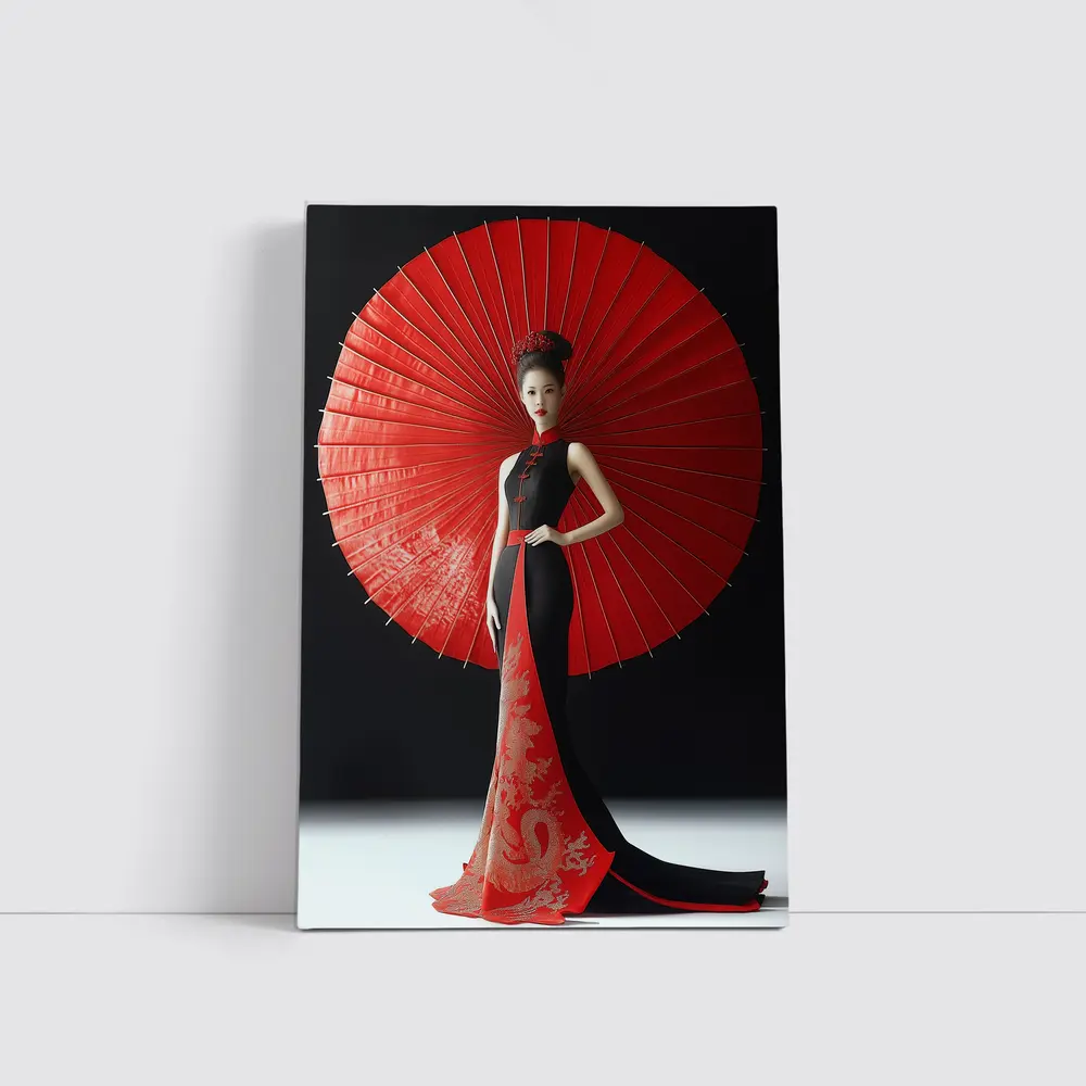 Chinese Woman Red Umbrella Dragon Dress – Wall Art