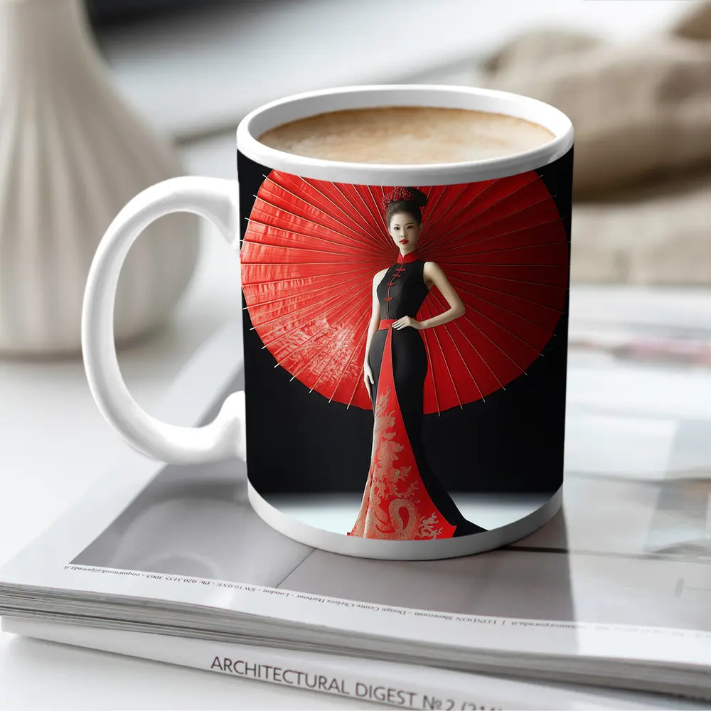 Chinese Woman Red Umbrella Dragon Dress – Mugs