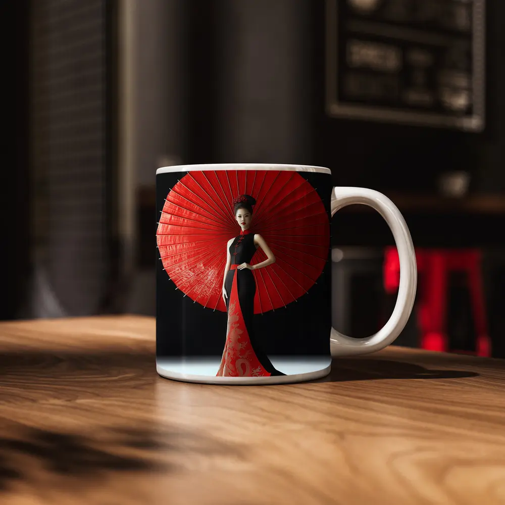 Chinese Woman Red Umbrella Dragon Dress – Mugs