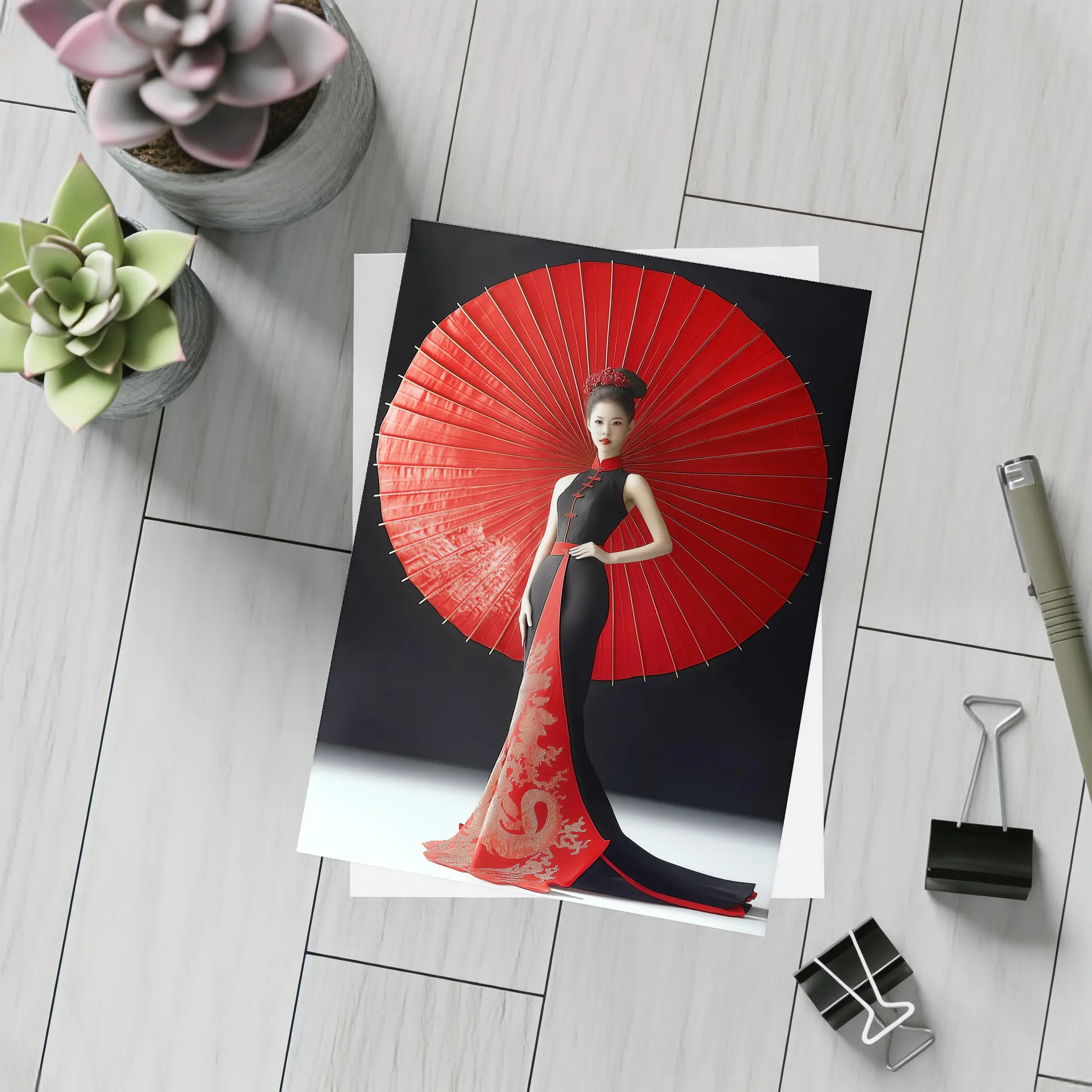 Chinese Woman Red Umbrella Dragon Dress – Postcards