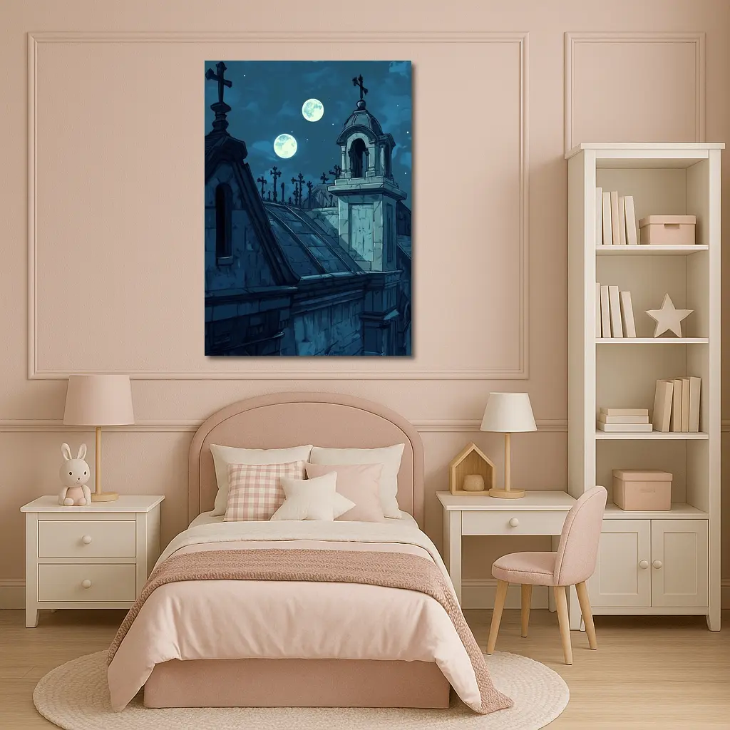 Gothic Cemetery Night Anime Art Blue Moon – Wall Art