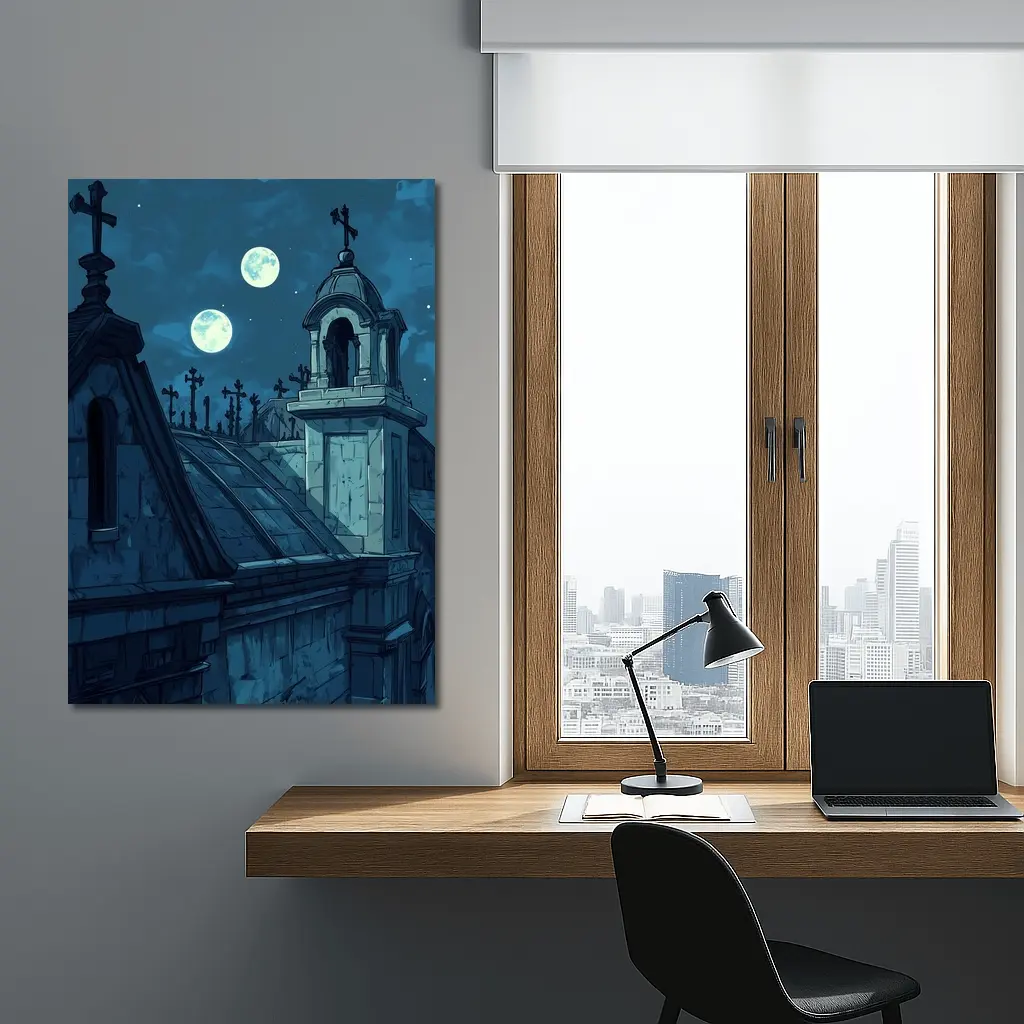Gothic Cemetery Night Anime Art Blue Moon – Wall Art