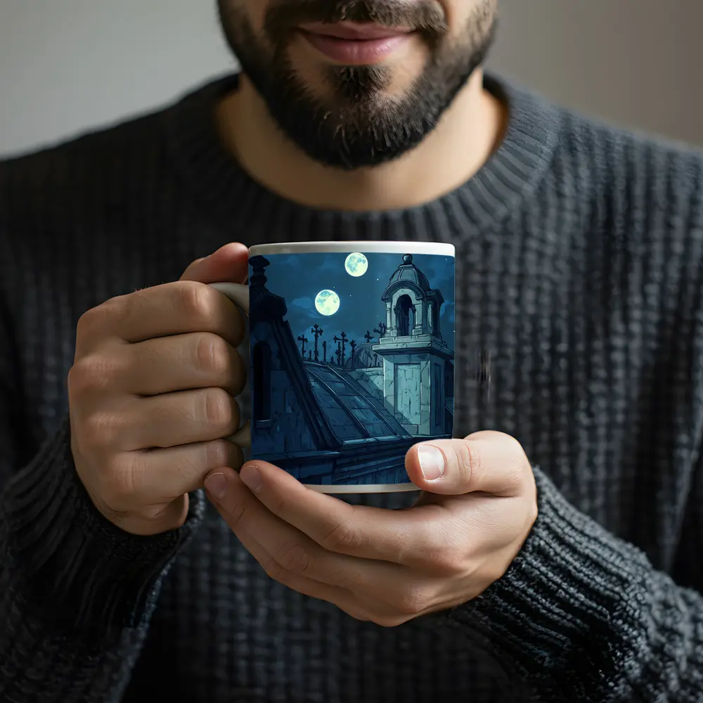 Gothic Cemetery Night Anime Art Blue Moon – Mugs