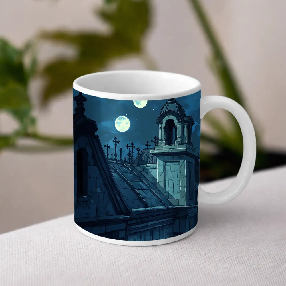 Gothic Cemetery Night Anime Art Blue Moon – Mugs