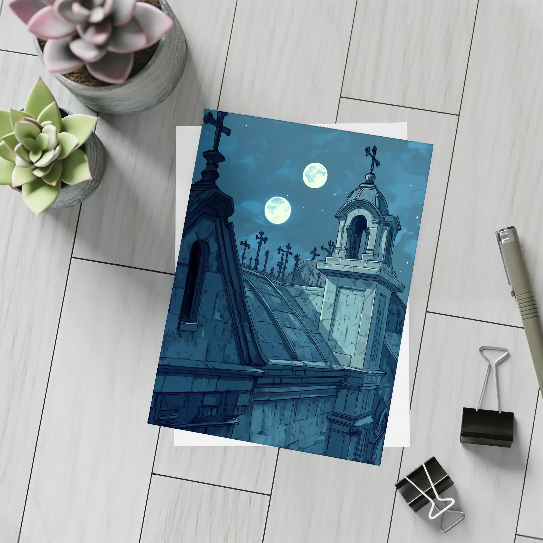 Gothic Cemetery Night Anime Art Blue Moon – Postcards
