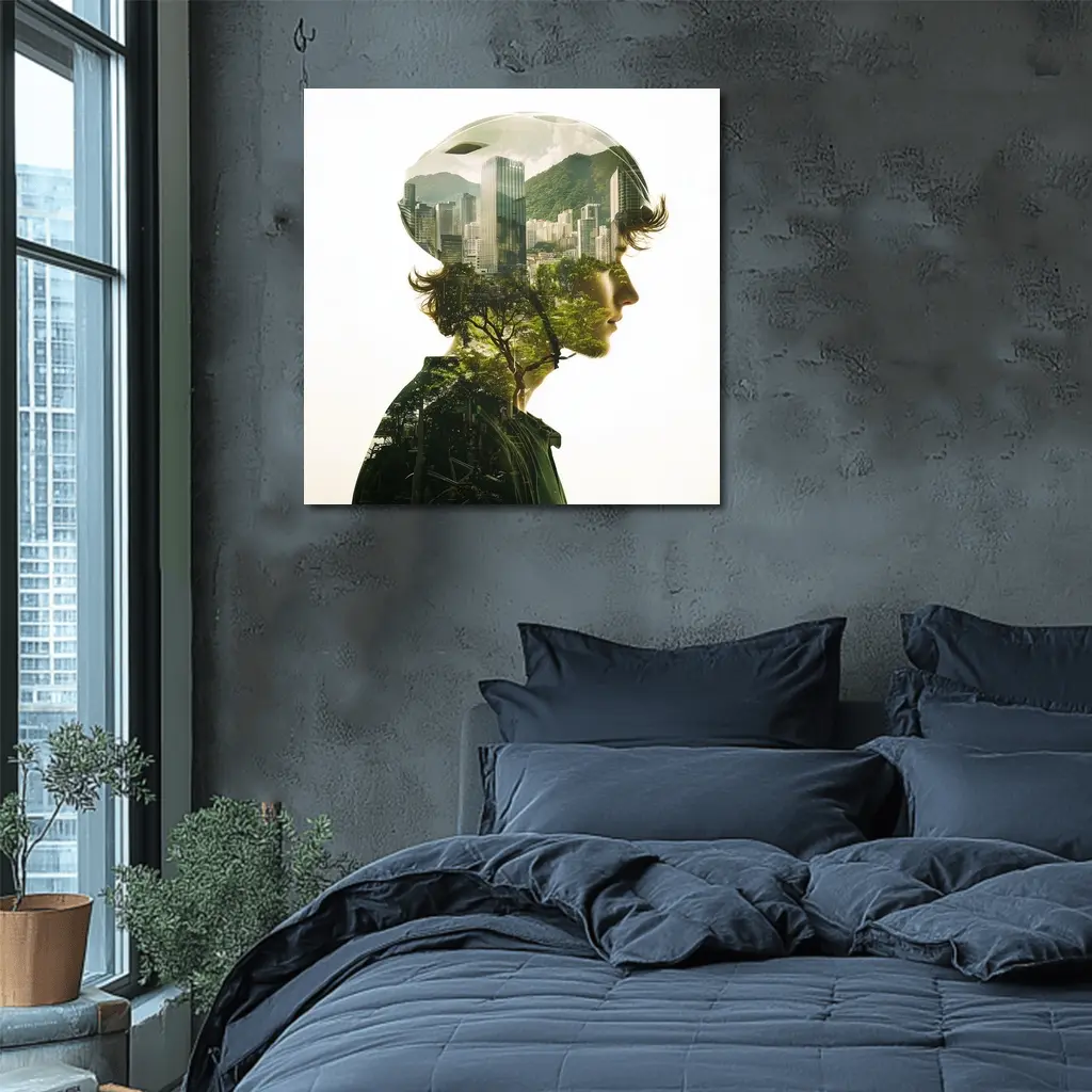 Cyclist Double Exposure City Nature Portrait – Wall Art