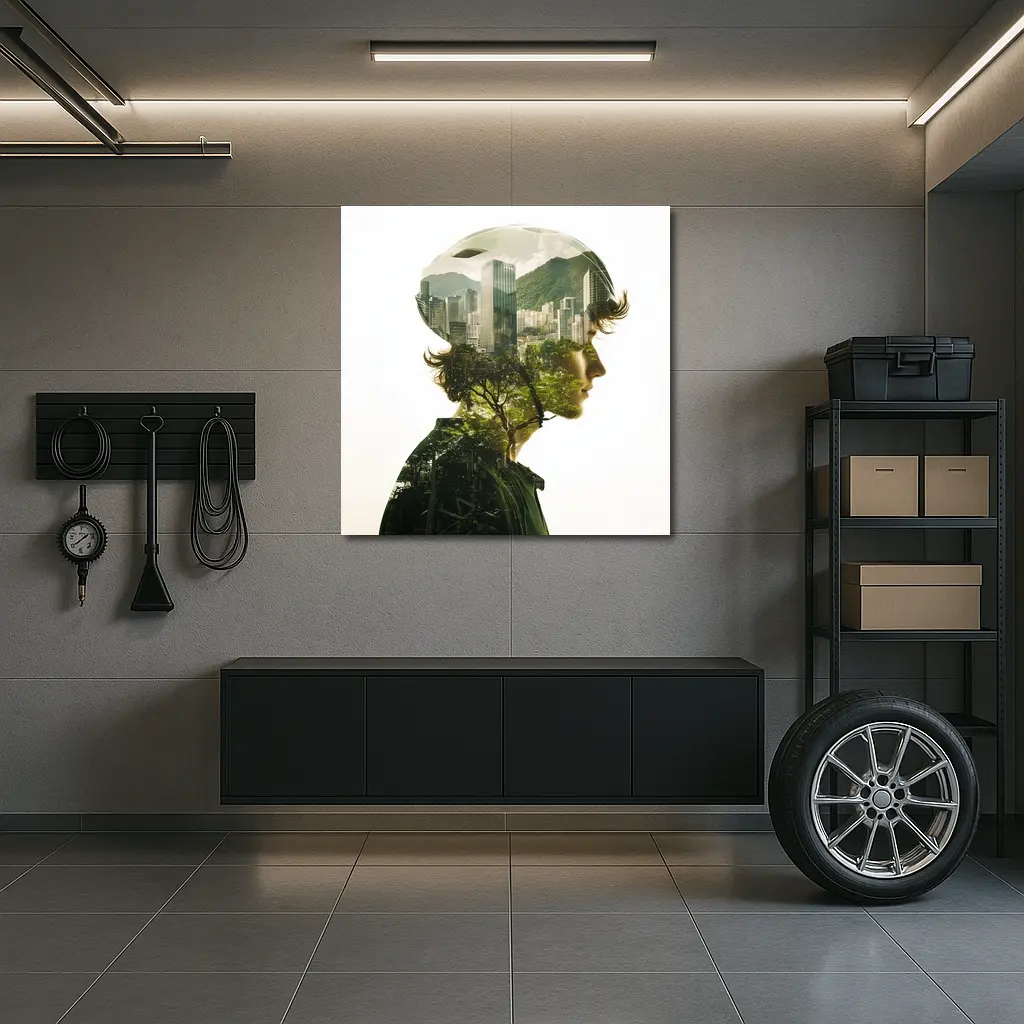 Cyclist Double Exposure City Nature Portrait – Wall Art