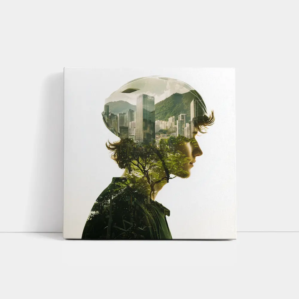 Cyclist Double Exposure City Nature Portrait – Wall Art