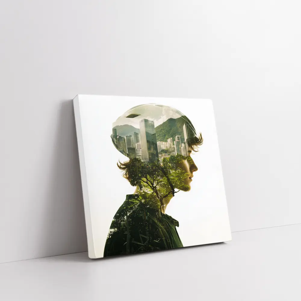 Cyclist Double Exposure City Nature Portrait – Wall Art