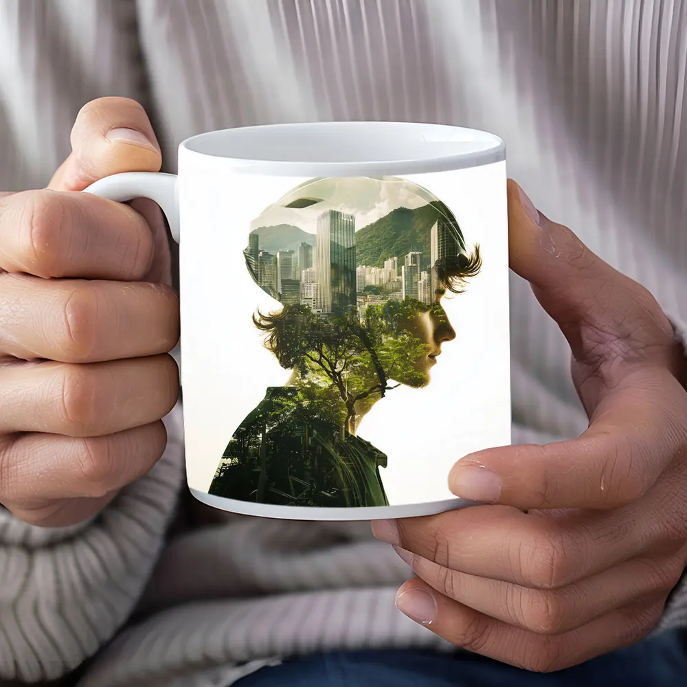 Cyclist Double Exposure City Nature Portrait – Mugs