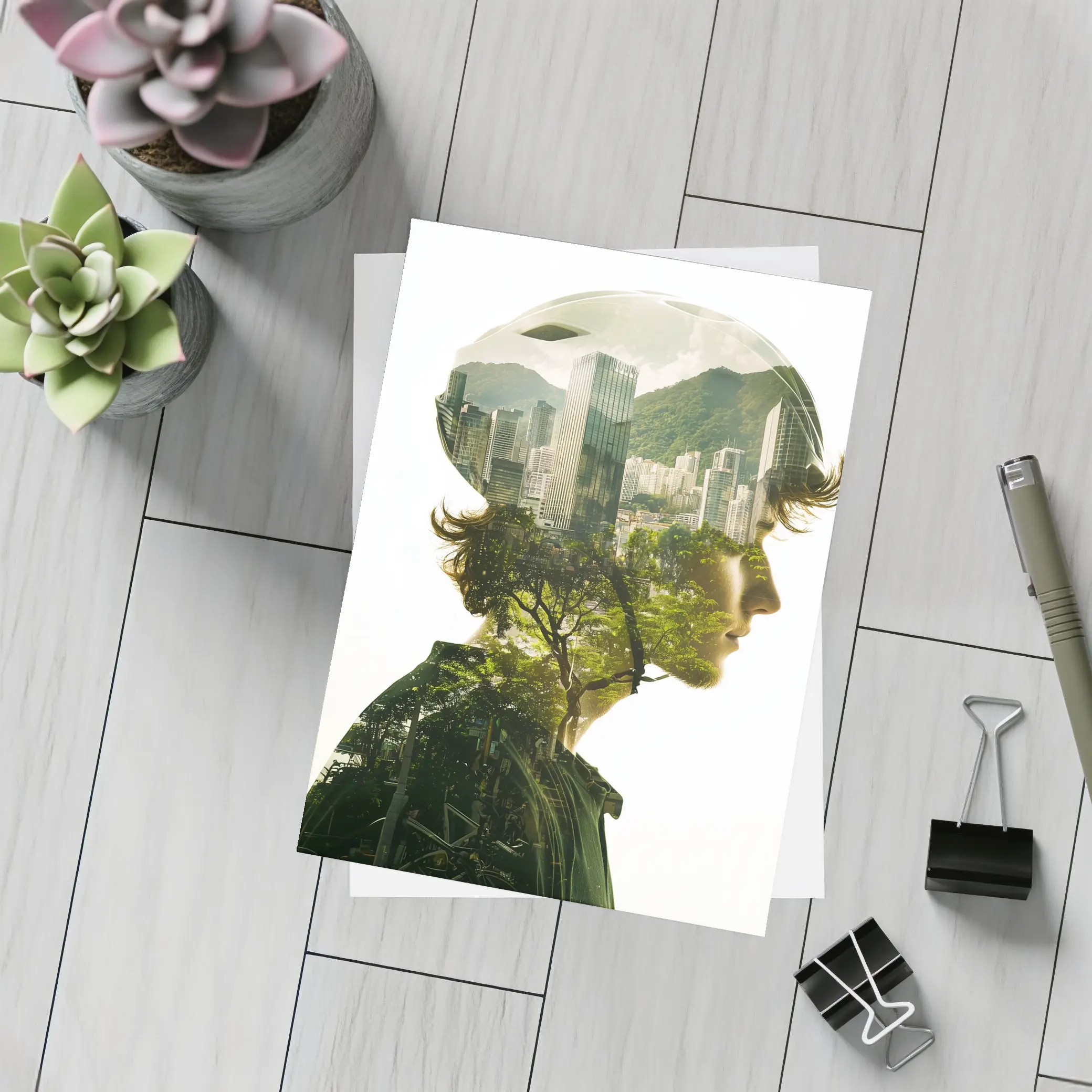 Cyclist Double Exposure City Nature Portrait – Postcards