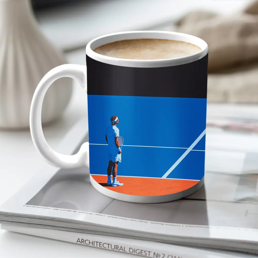 Tennis Player Standing on Blue Clay Court – Mugs