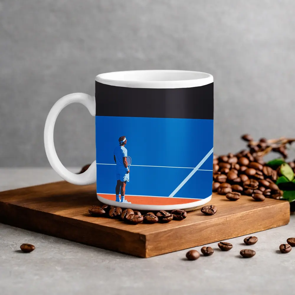 Tennis Player Standing on Blue Clay Court – Mugs