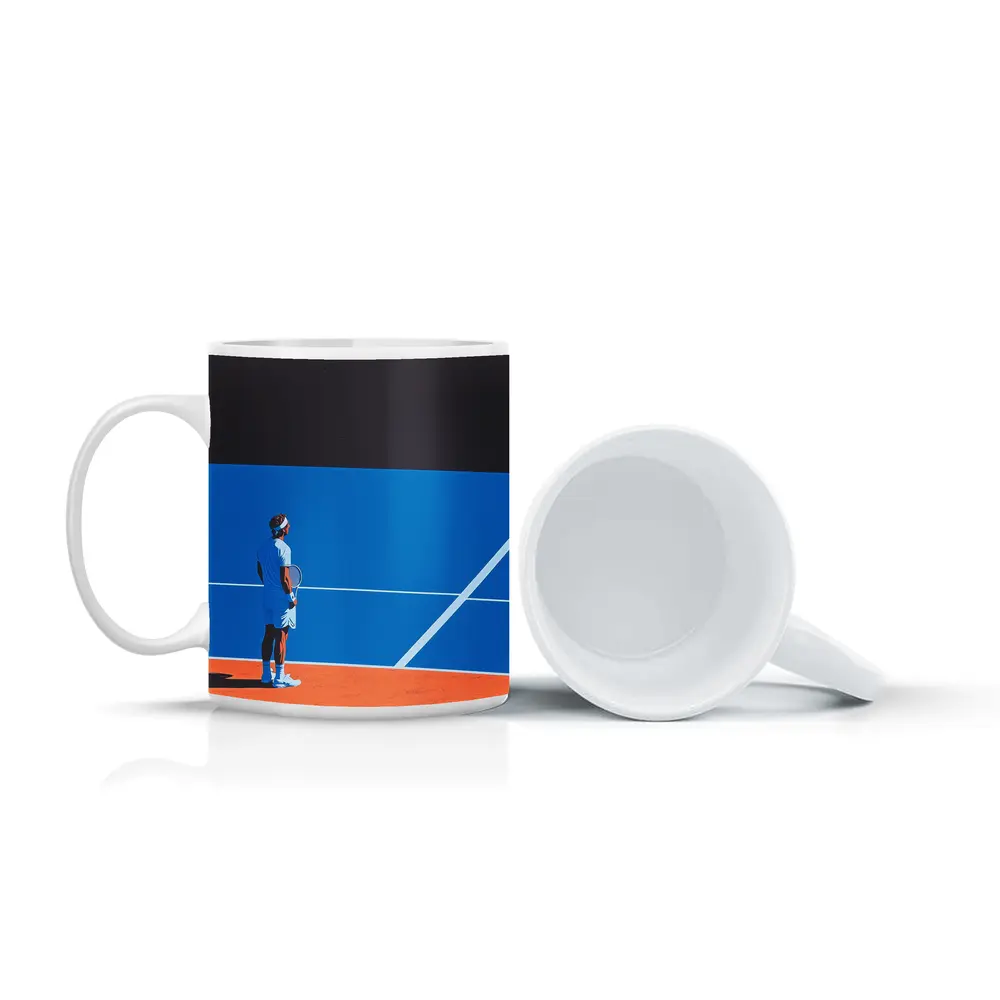 Tennis Player Standing on Blue Clay Court – Mugs