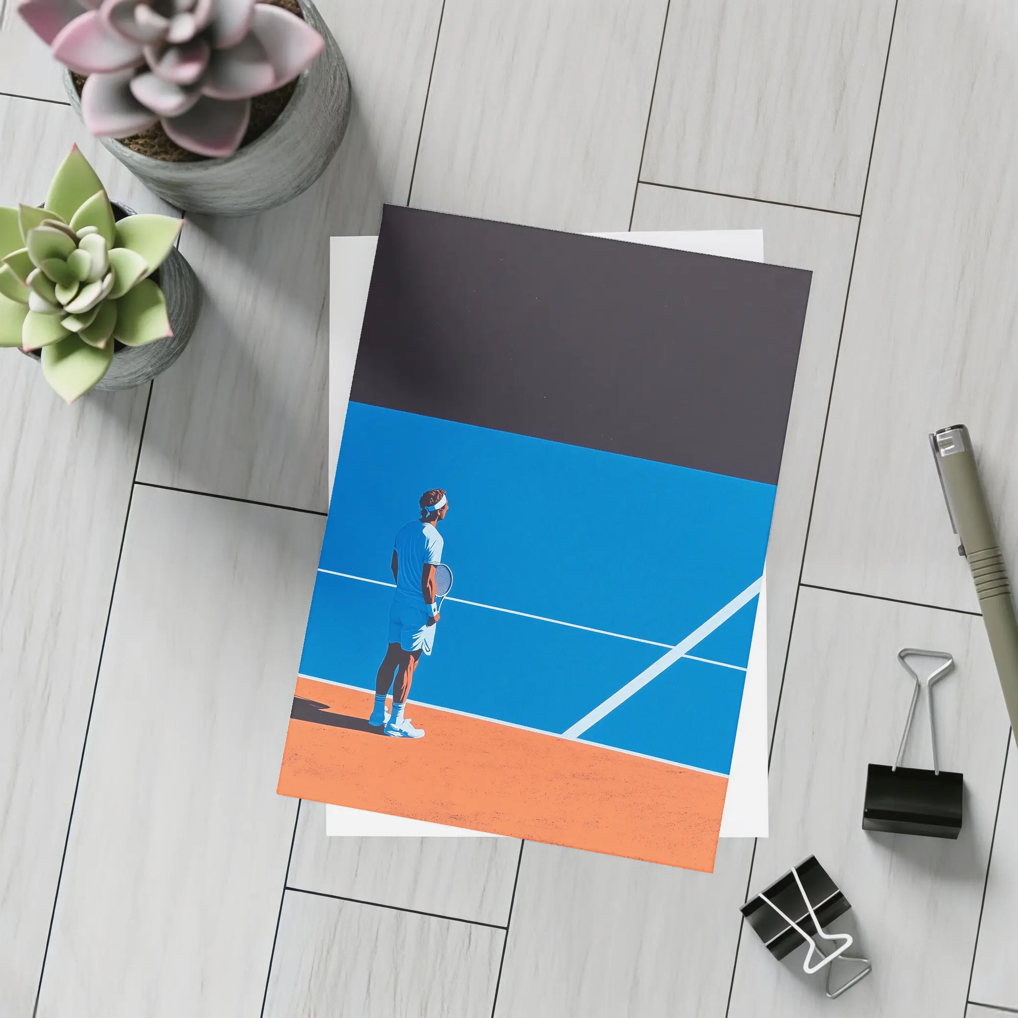 Tennis Player Standing on Blue Clay Court – Postcards