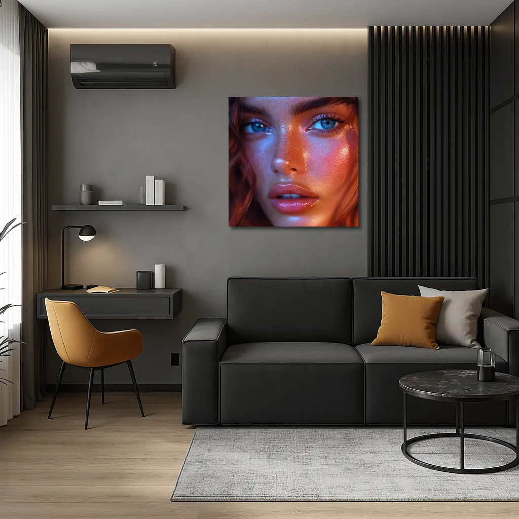 Blue Eyed Woman Neon Orange Light Portrait – Wall Art