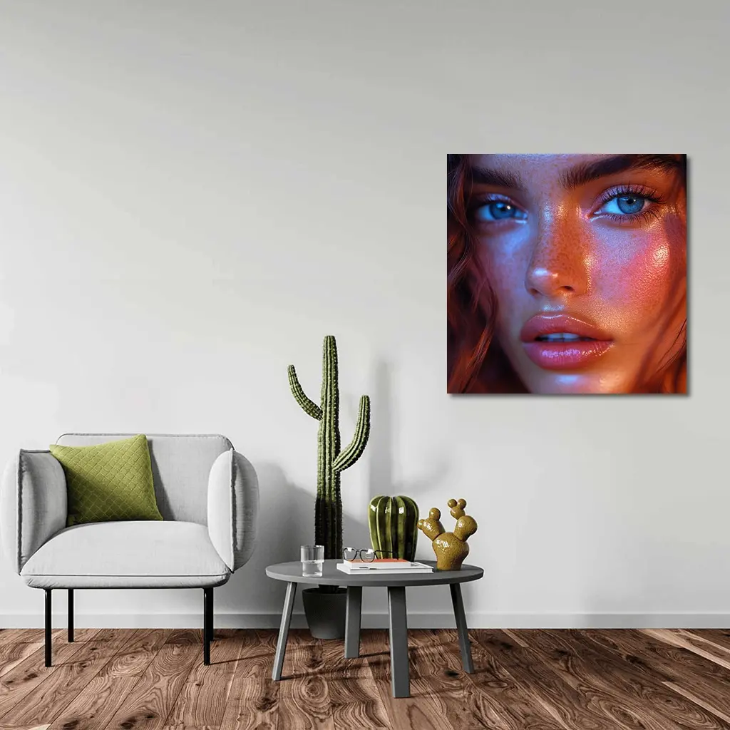 Blue Eyed Woman Neon Orange Light Portrait – Wall Art