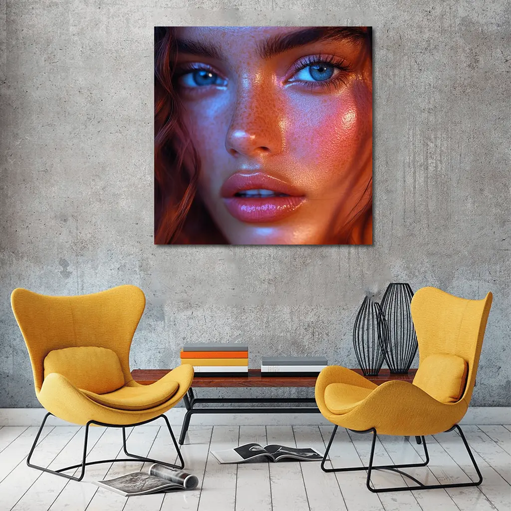 Blue Eyed Woman Neon Orange Light Portrait – Wall Art