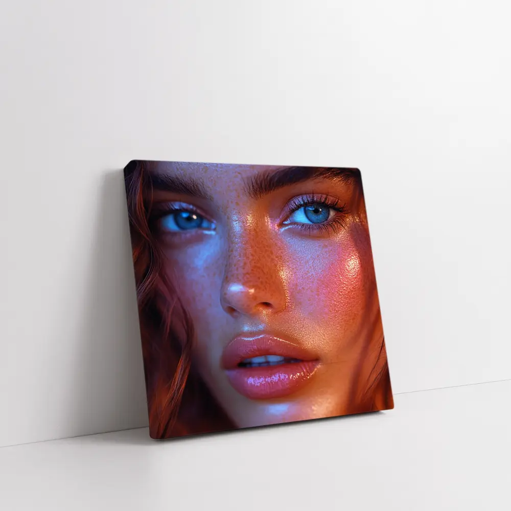 Blue Eyed Woman Neon Orange Light Portrait – Wall Art