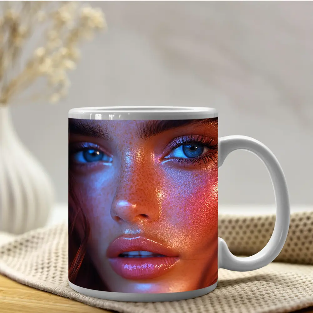 Blue Eyed Woman Neon Orange Light Portrait – Mugs