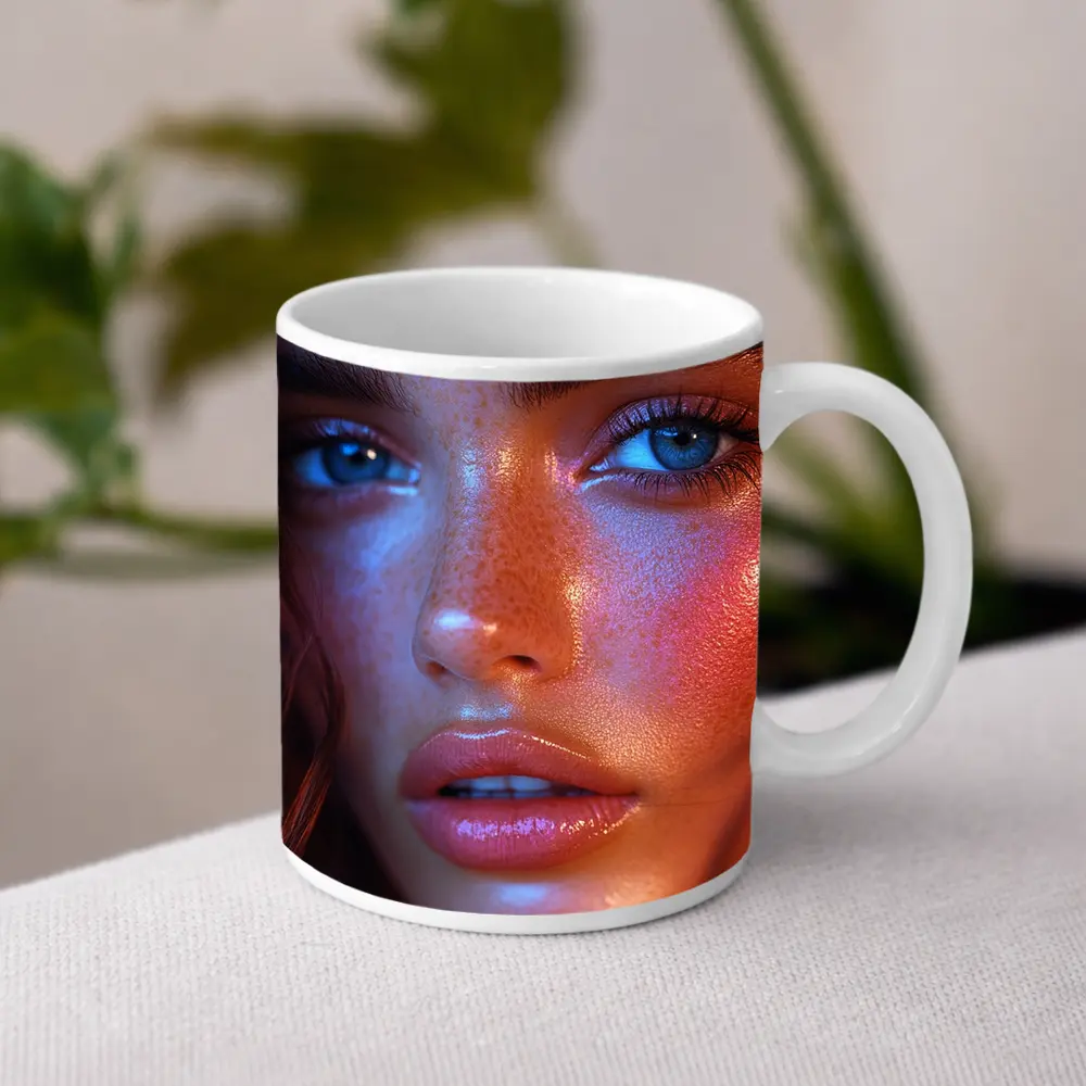Blue Eyed Woman Neon Orange Light Portrait – Mugs