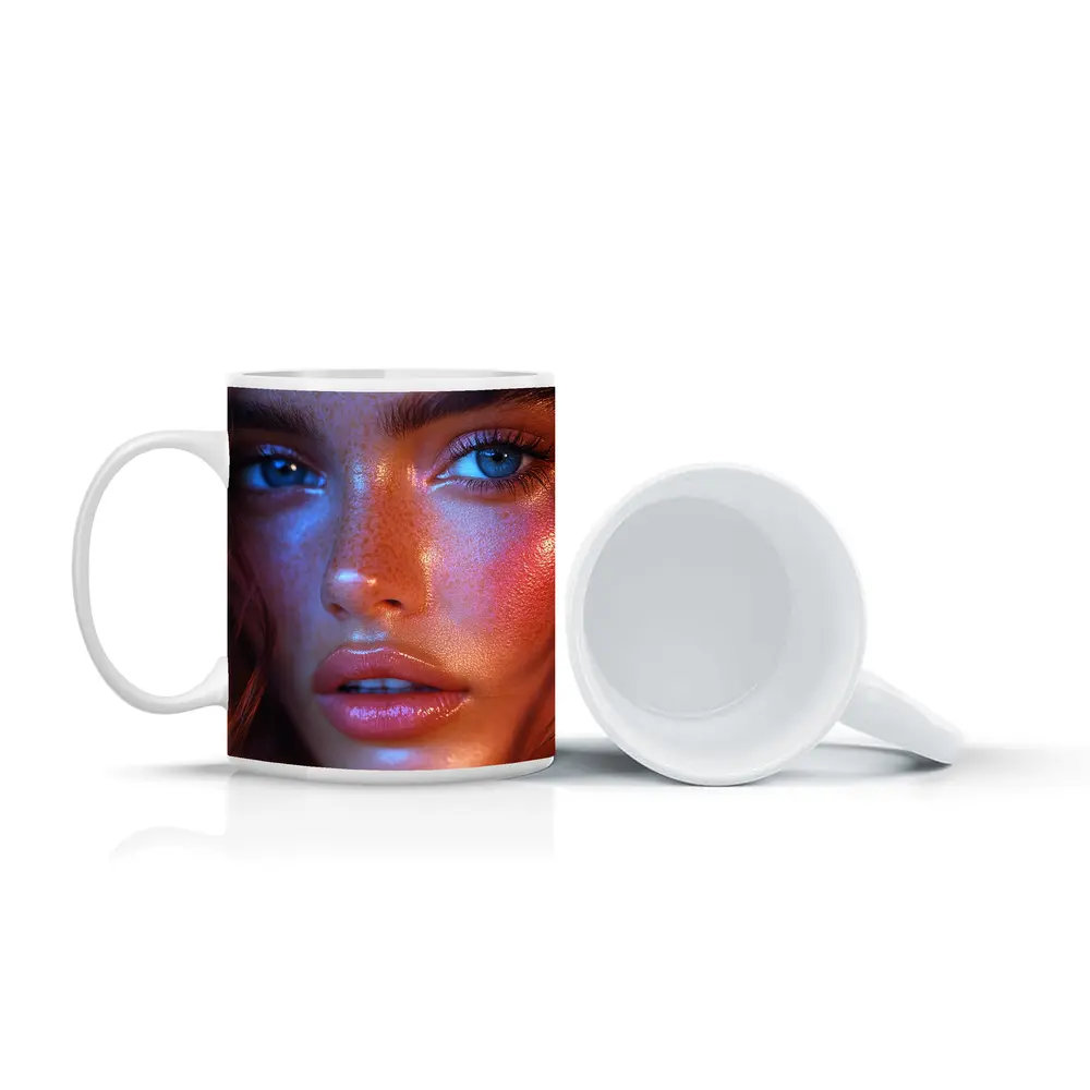 Blue Eyed Woman Neon Orange Light Portrait – Mugs
