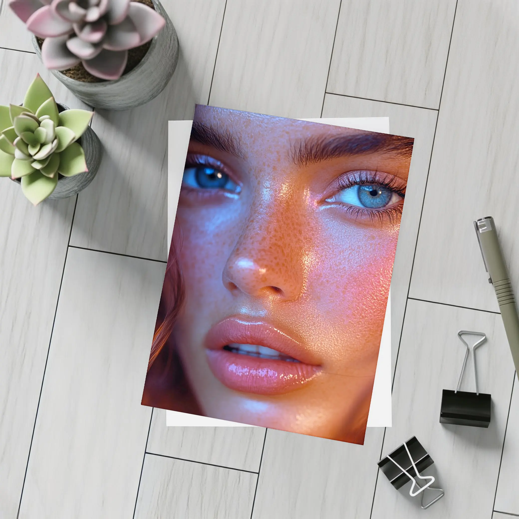 Blue Eyed Woman Neon Orange Light Portrait – Postcards