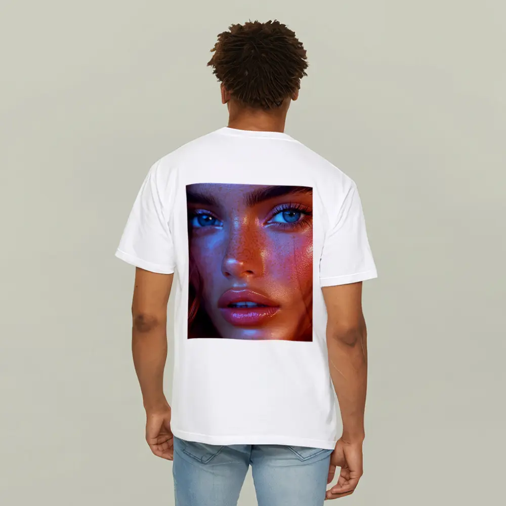 Blue Eyed Woman Neon Orange Light Portrait – T-Shirts
