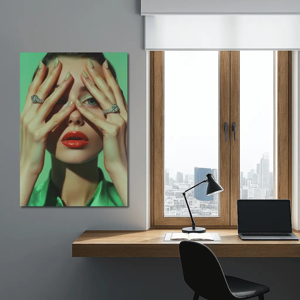 Woman Red Lips Green Nails Diamond Rings – Wall Art